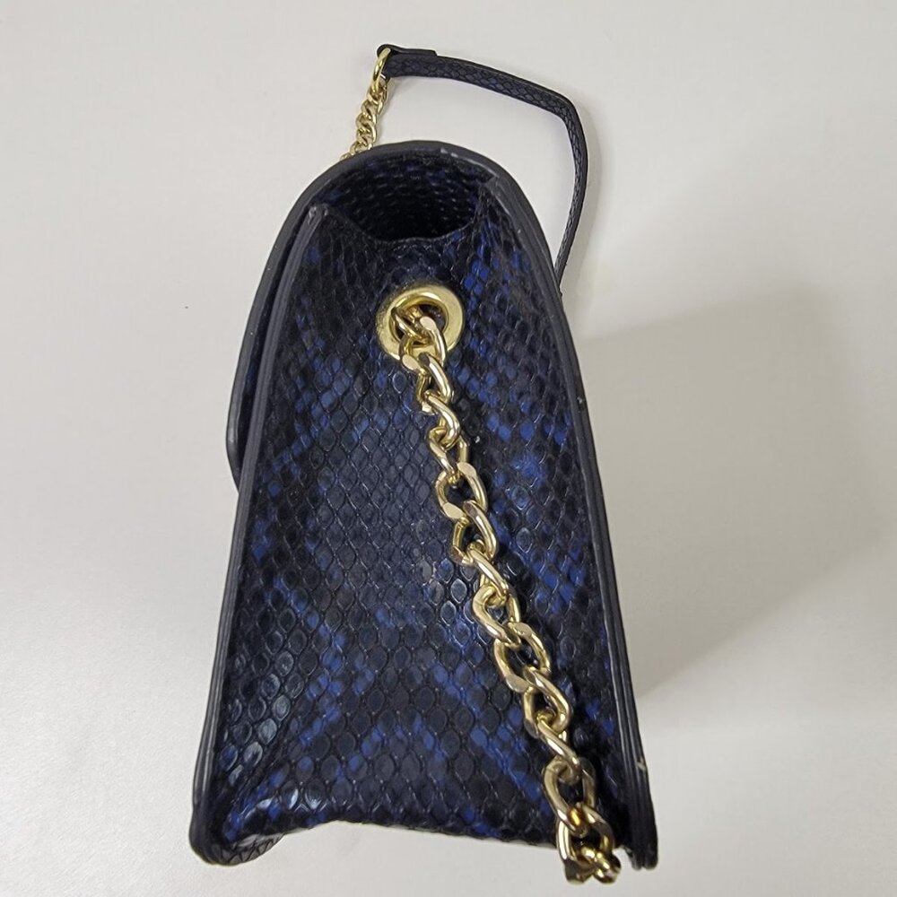 BCBG Faux Snakeskin Crossbody Bag – Blue & Black with Gold Chain - Picture 7 of 11